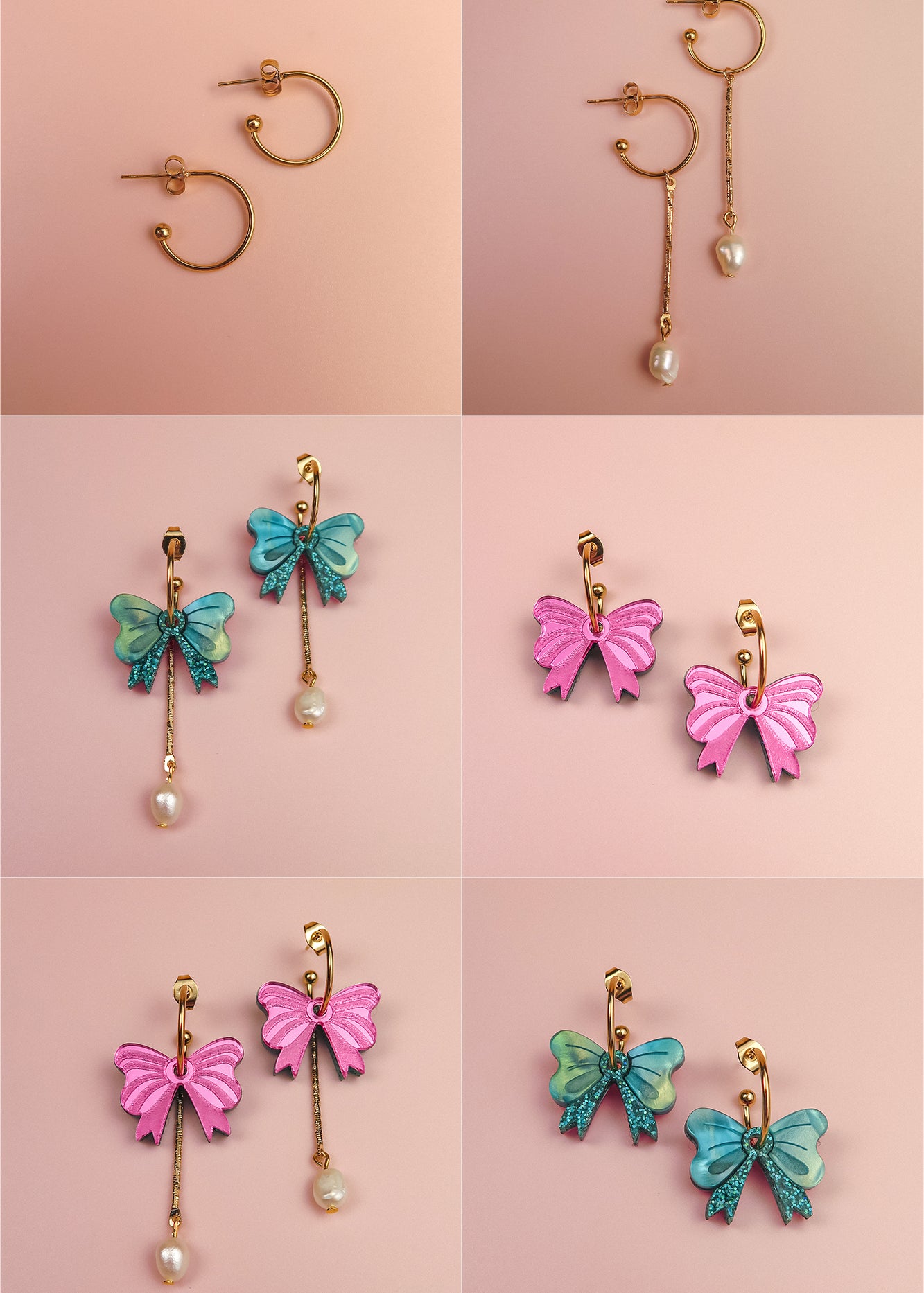 A set of six images shows interchangeable dangle earrings on a pink background: gold-plated c-hoops with freshwater pearls, blue and green bows with pearls, pink bows, green and blue bows, and mixed pairs with bows and pearls.