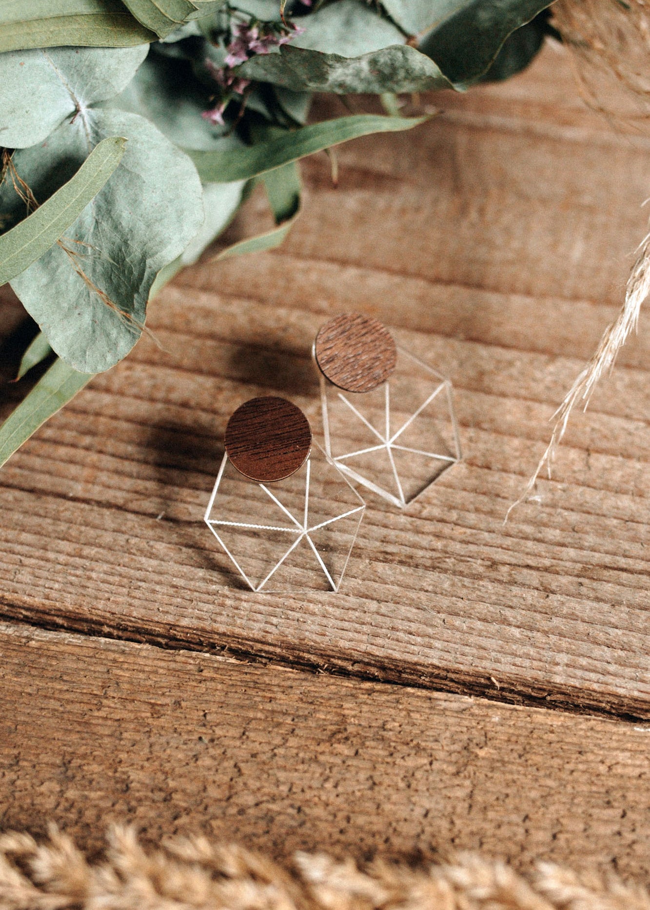 A pair of geometric earrings with wooden circular tops and clear, angular acrylic bases resting on a wooden surface. Green leaves and dried plants are visible in the background, enhancing their minimalist elegance.