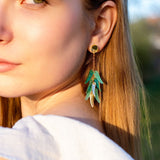 Close-up of a young woman with long light brown hair in a white top, showcasing featherlight dangle earrings shaped like green and gold leaves. She gazes slightly to the side, bathed in natural sunlight.